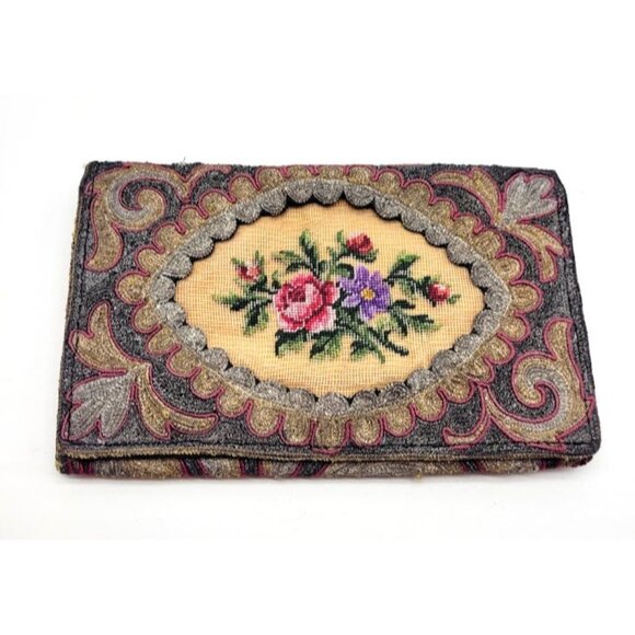 Rare Antique French Petit Point Embroidered Tapestry 19th Clutch Wallet Bag HTF - Picture 10 of 13
